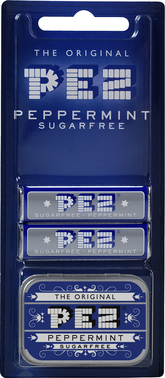 PEZ Retro Mint Dose in Blau, verpackt zusammen mit PEZ Bonbons