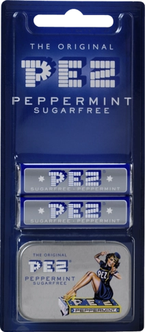 PEZ Retro Mint Dose, mit einer sitzenden PEZ Lady, verpackt zusammen mit PEZ Bonbons