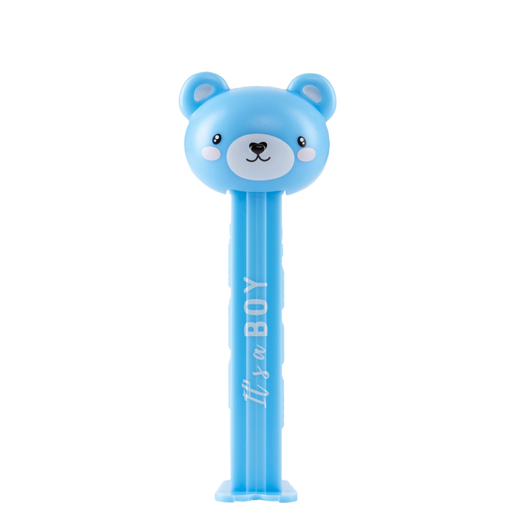 PEZ Spender von einem blauen Teddybär mit dem Aufdruck "It's a boy", Ansicht von vorne