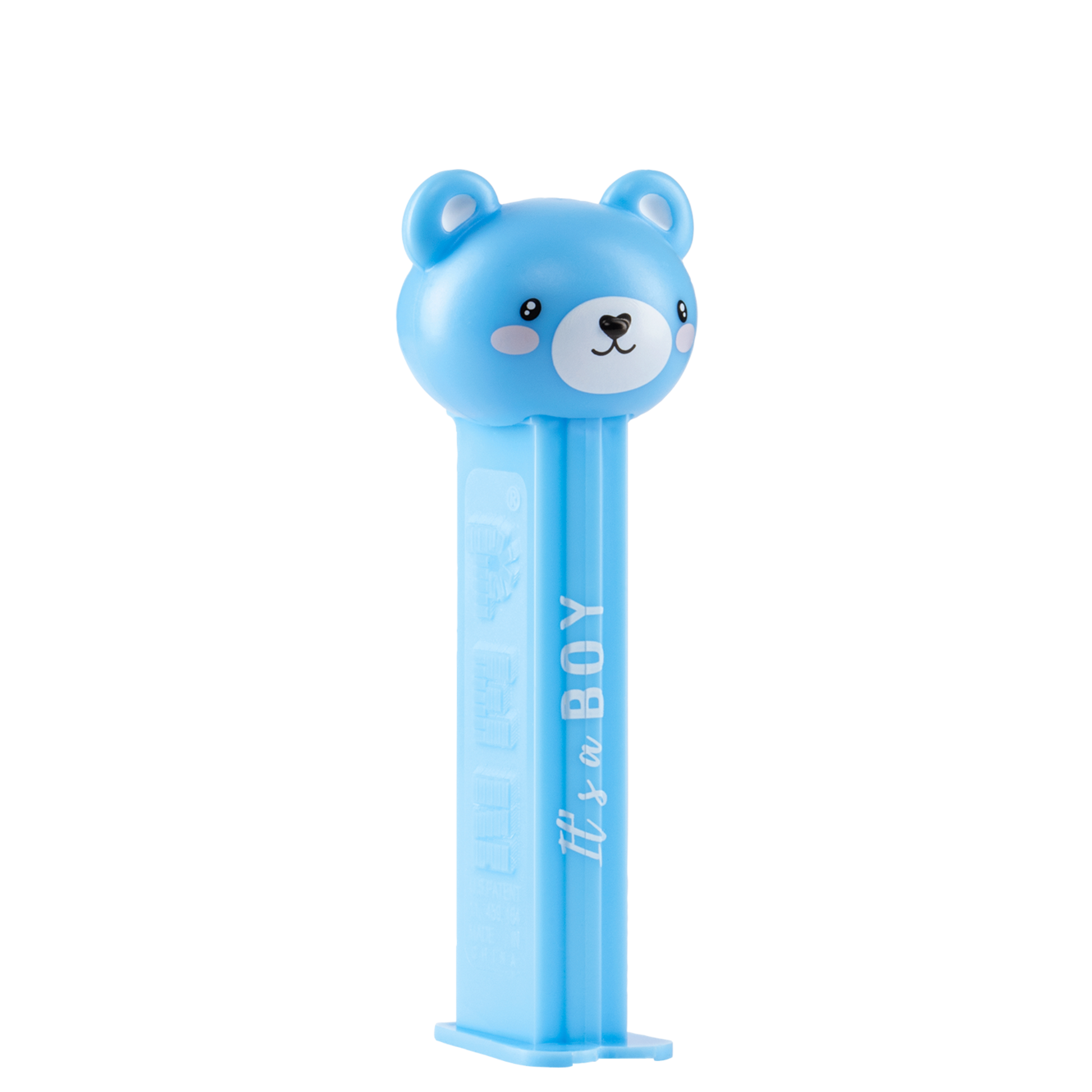 PEZ Spender von einem blauen Teddybär mit dem Aufdruck "It's a boy", seitliche Ansicht