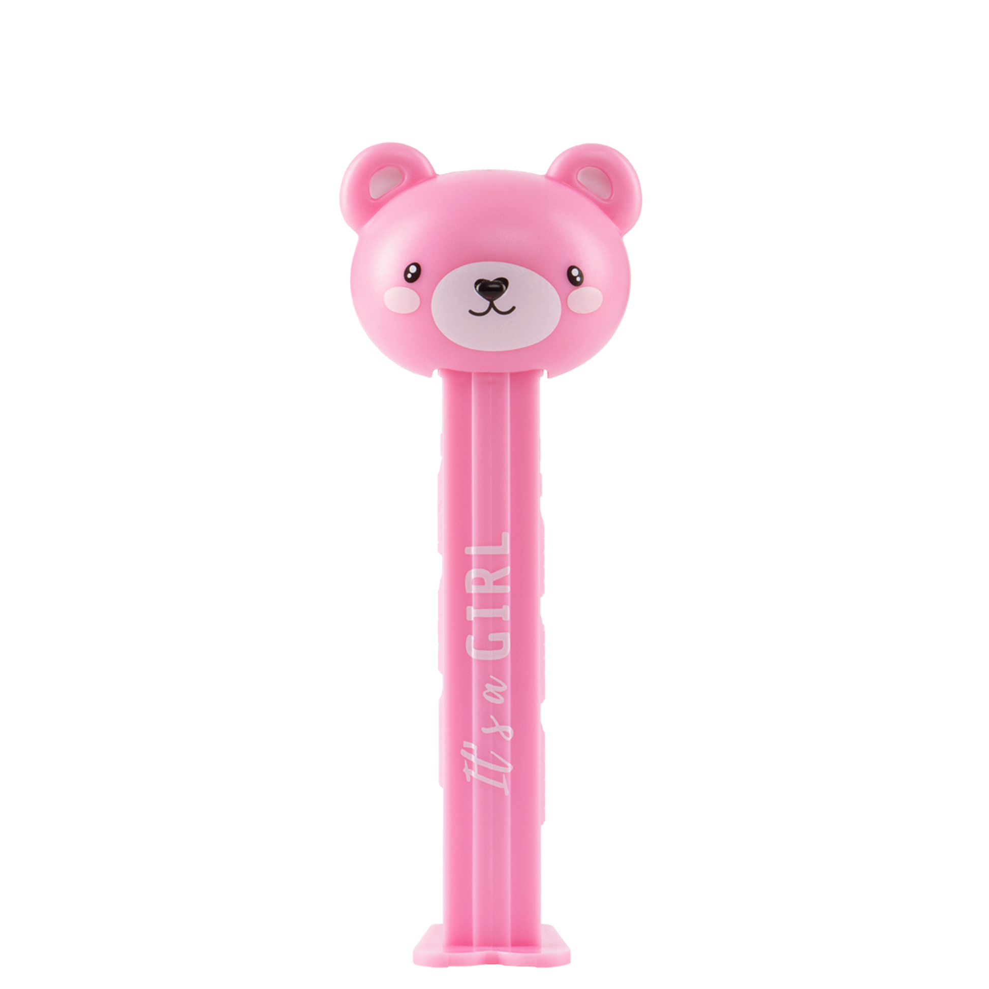PEZ Spender von einem rosaroten Teddybär mit dem Aufdruck "It's a girl", Ansicht von vorne
