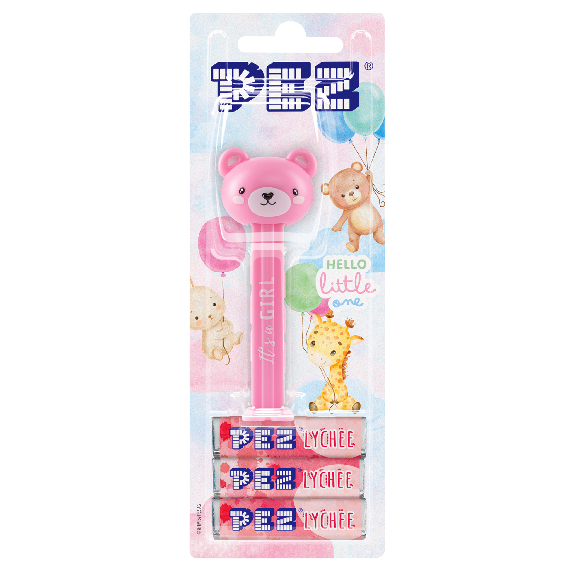 PEZ Spender von einem rosaroten Teddybär mit dem Aufdruck "It's a girl", verpackt zusammen mit PEZ Bonbons