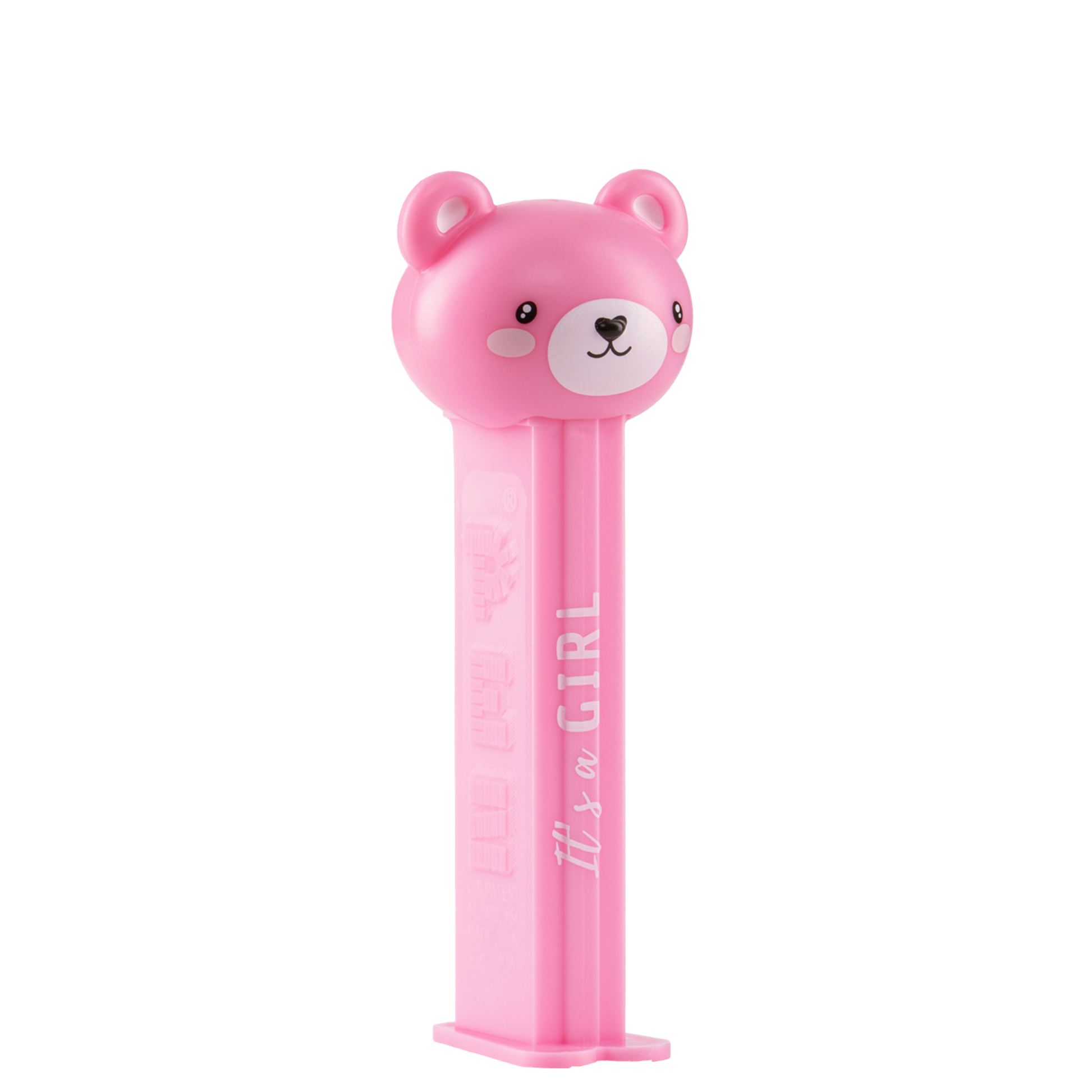 PEZ Spender von einem rosaroten Teddybär mit dem Aufdruck "It's a girl", seitliche Ansicht