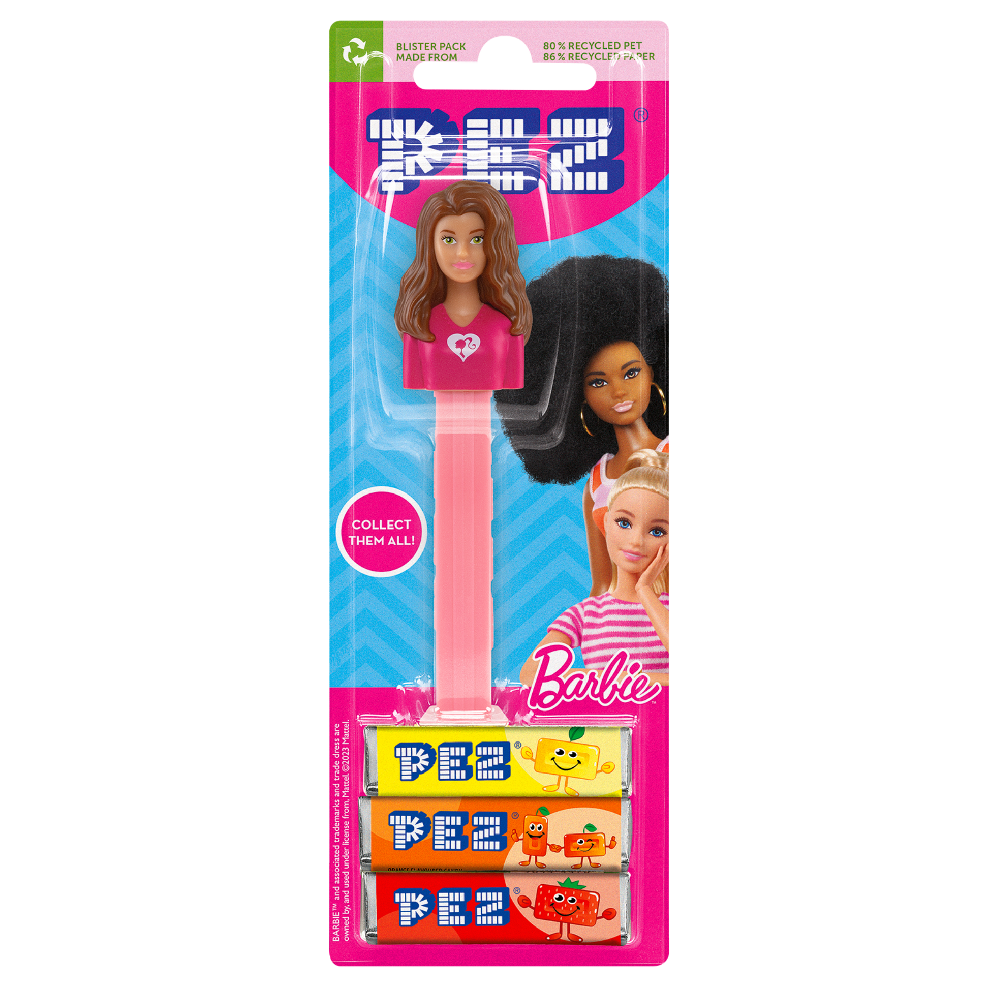 PEZ Spender von einer Barbie mit braunen Haaren, verpackt zusammen mit PEZ Bonbons