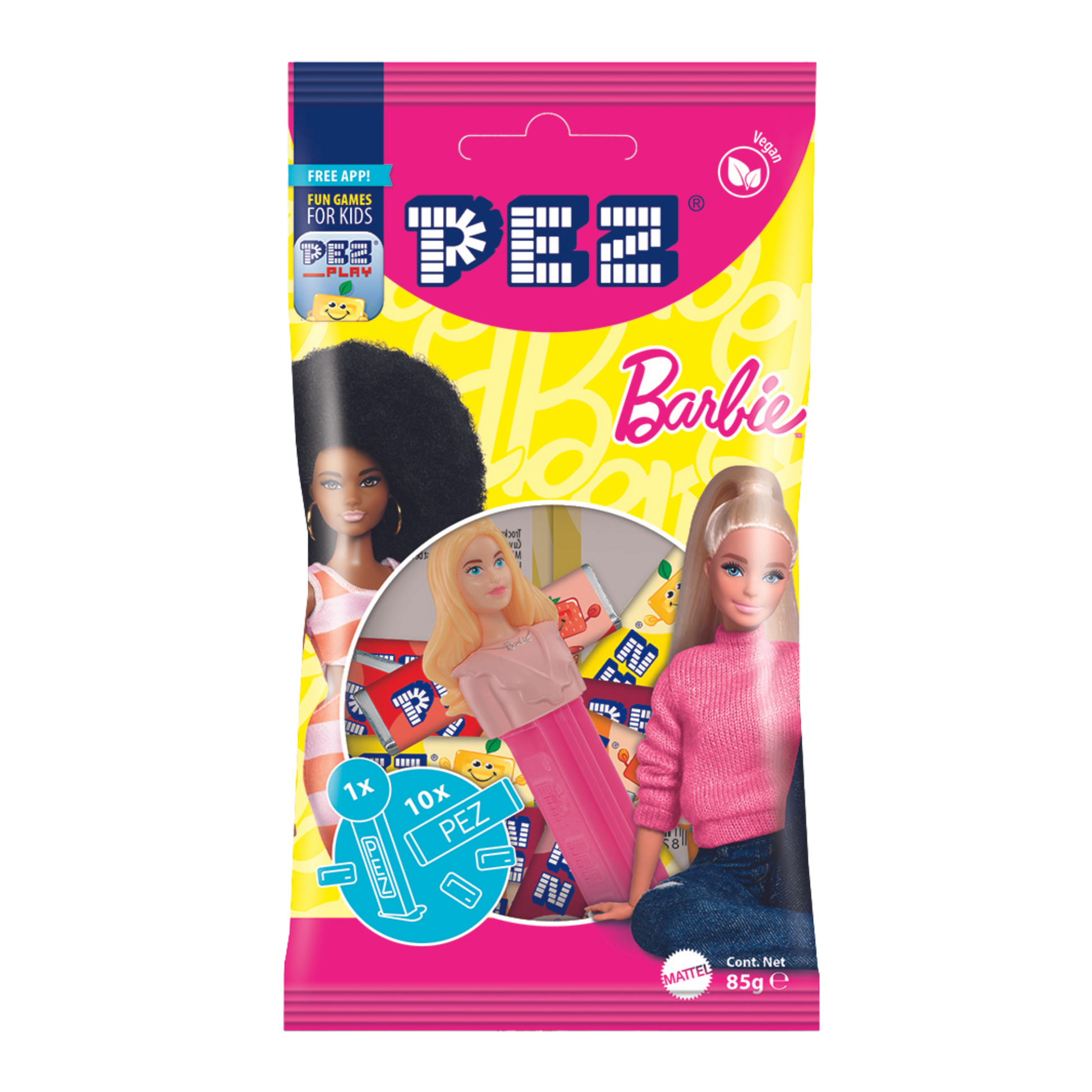 PEZ Beutel Barbie: Eine Packung mit PEZ Barbie-Spender und Bonbons, Ansicht der Verpackung