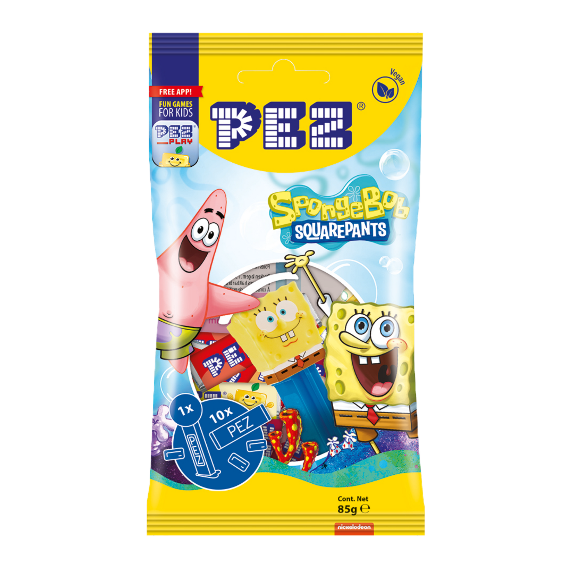 PEZ Beutel Spongebob: Eine Packung mit PEZ Spongbob-Spender und Bonbons