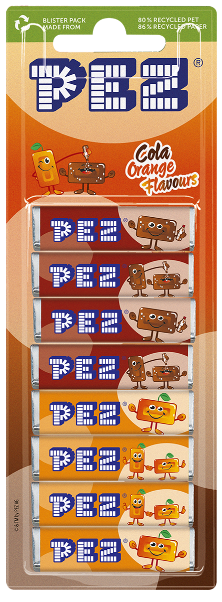 Blisterpackung mit acht PEZ-Bonbonrollen in Cola- und Orangengeschmack