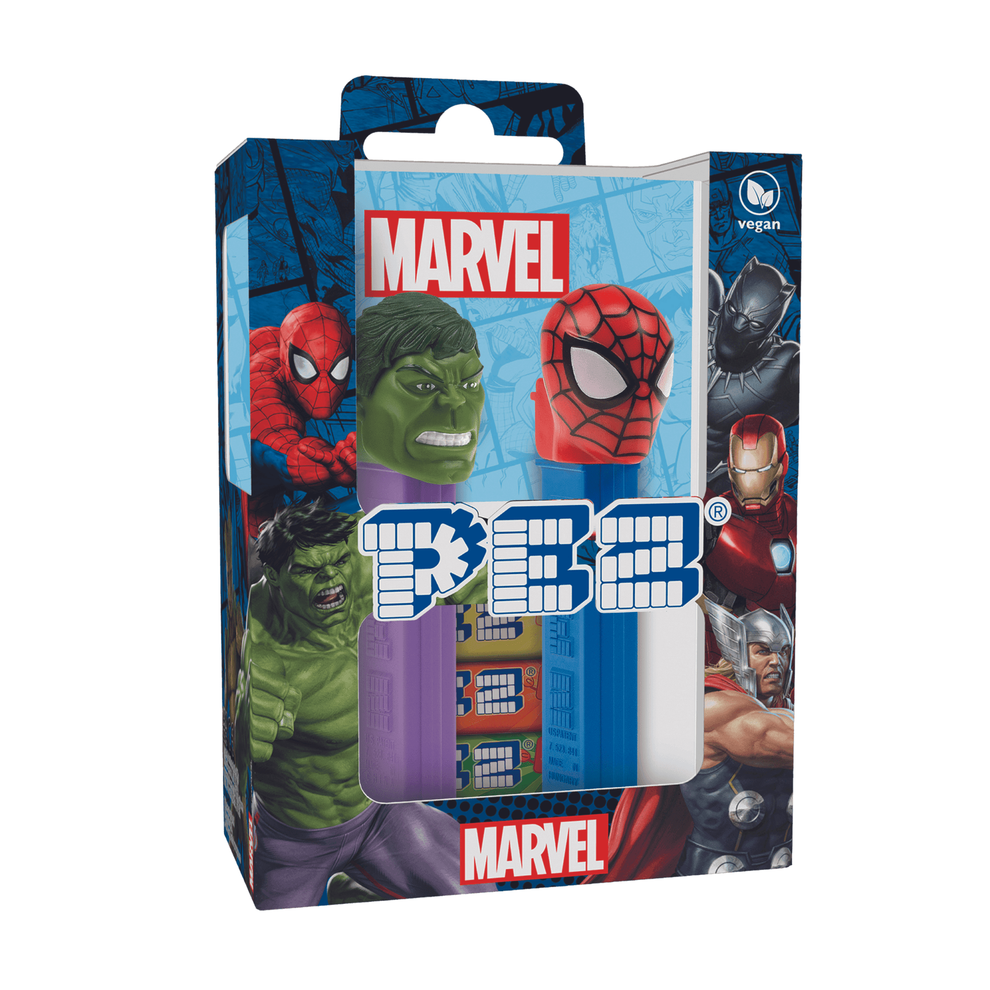 PEZ Geschenkset Marvel mit einem PEZ Spender Spiderman und einem PEZ Spender Hulk