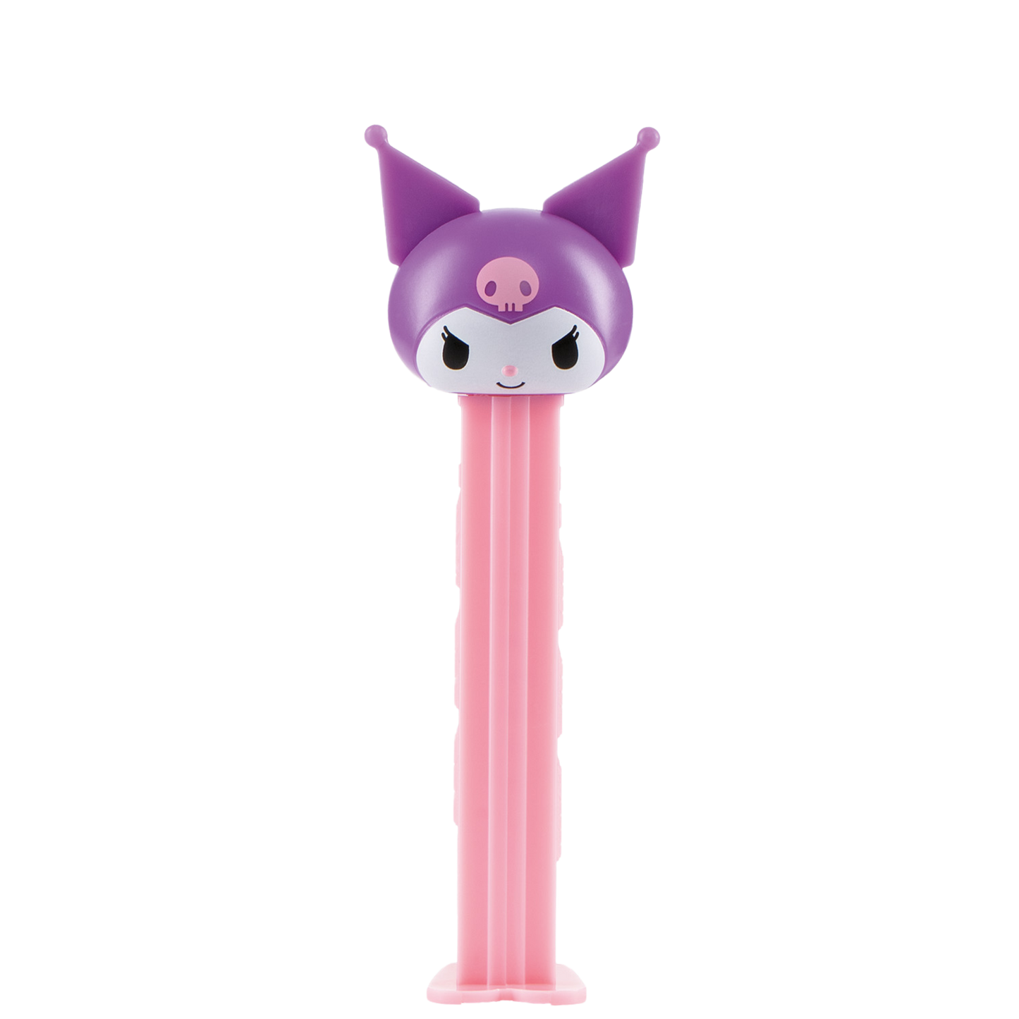 Kuromi-PEZ-Spender mit lila Narrenkopf und rosafarbenem Spendergehäuse.