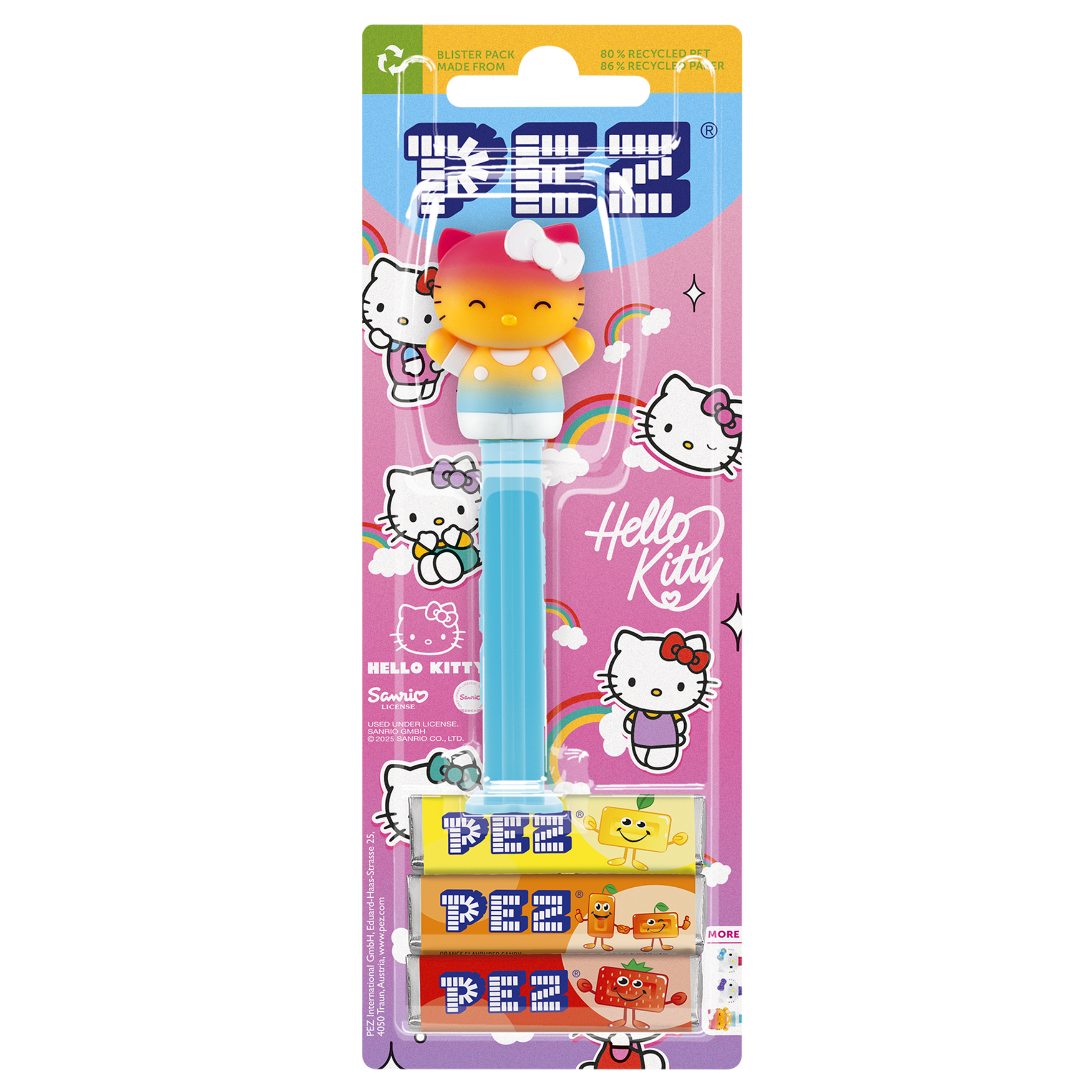 PEZ Spender von Hello Kitty in Regenbogen-Farben, verpackt zusammen mit PEZ Bonbons