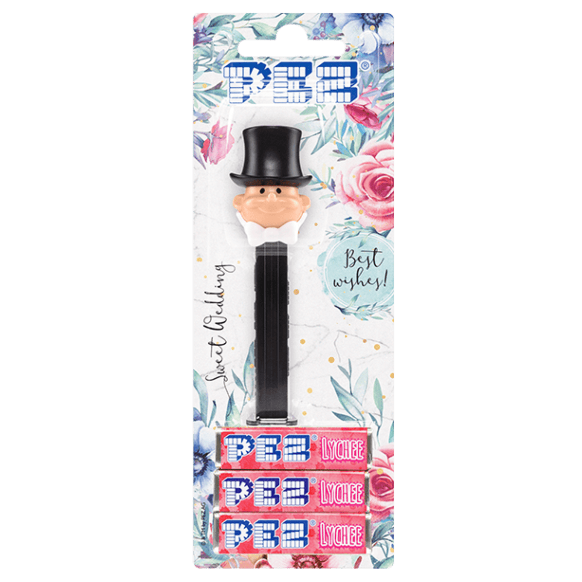 PEZ Spender von einem Bräutigam mit Zylinder, verpackt zusammen mit PEZ Bonbons