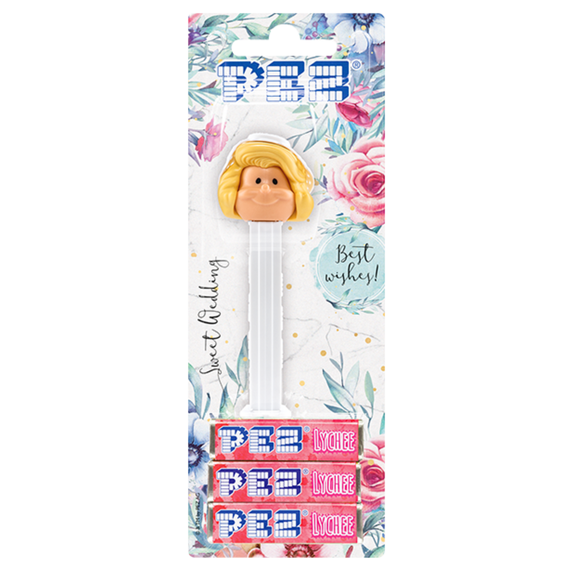 PEZ Braut Spender mit blonden Haaren, verpackt mit PEZ Bonbons