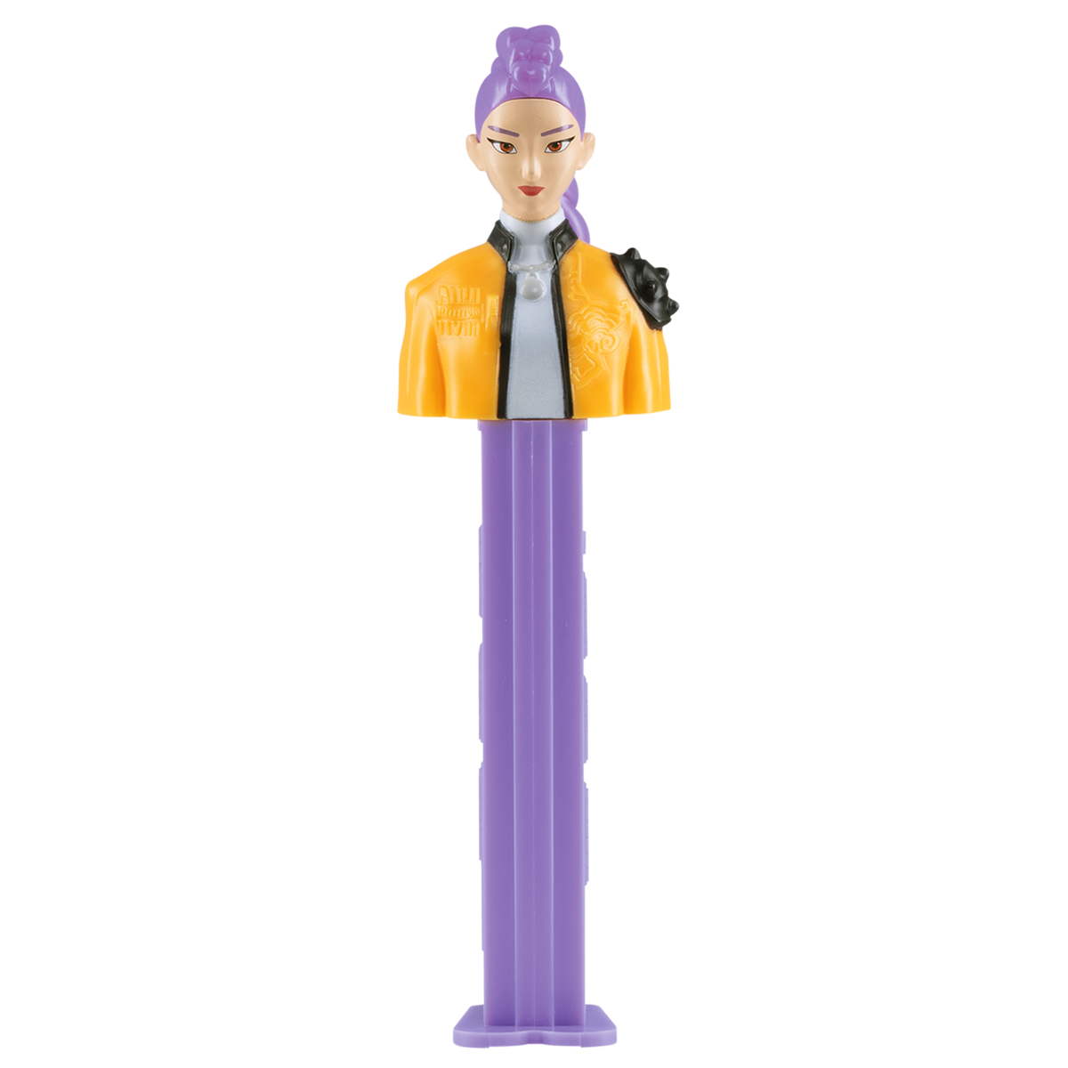 PEZ-Spender von Rumi aus KPop Demon Hunters mit lilafarbenem Stil, violettem Haar und gelber Jacke in Vorderansicht.