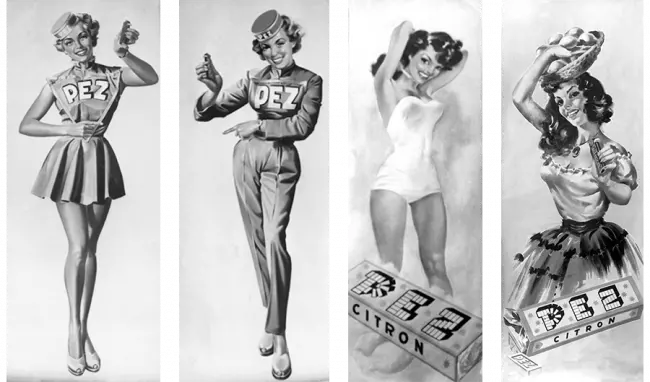PEZ Ladies auf Vintage Werbegrafiken in Schwarz-Weiß