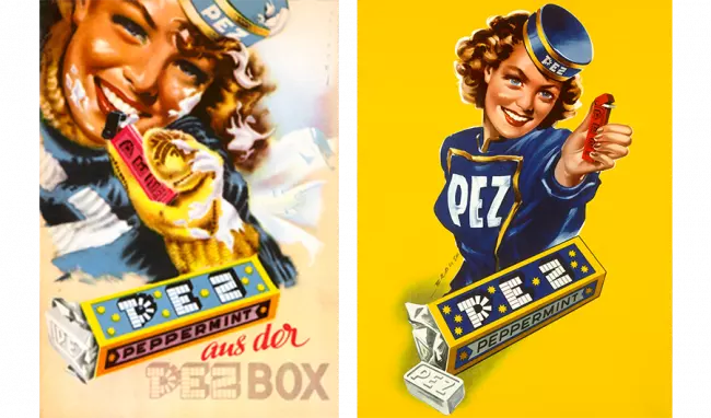 Zwei Vintage-Werbeplakate mit PEZ-Dame in Uniform, die PEZ-Pfefferminzbonbons präsentiert