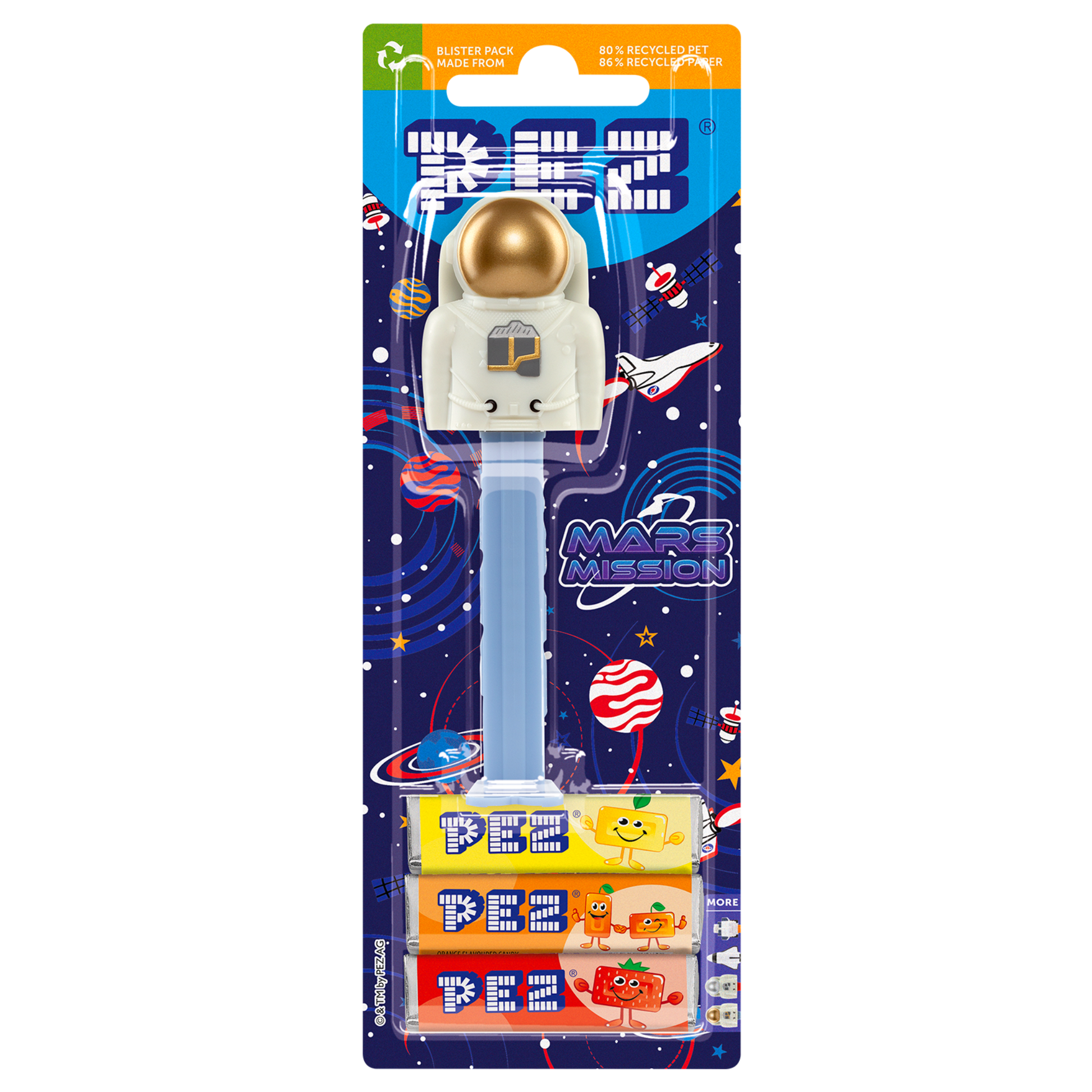 PEZ Spender mit Astronauten, verpackt zusammen mit PEZ Bonbons