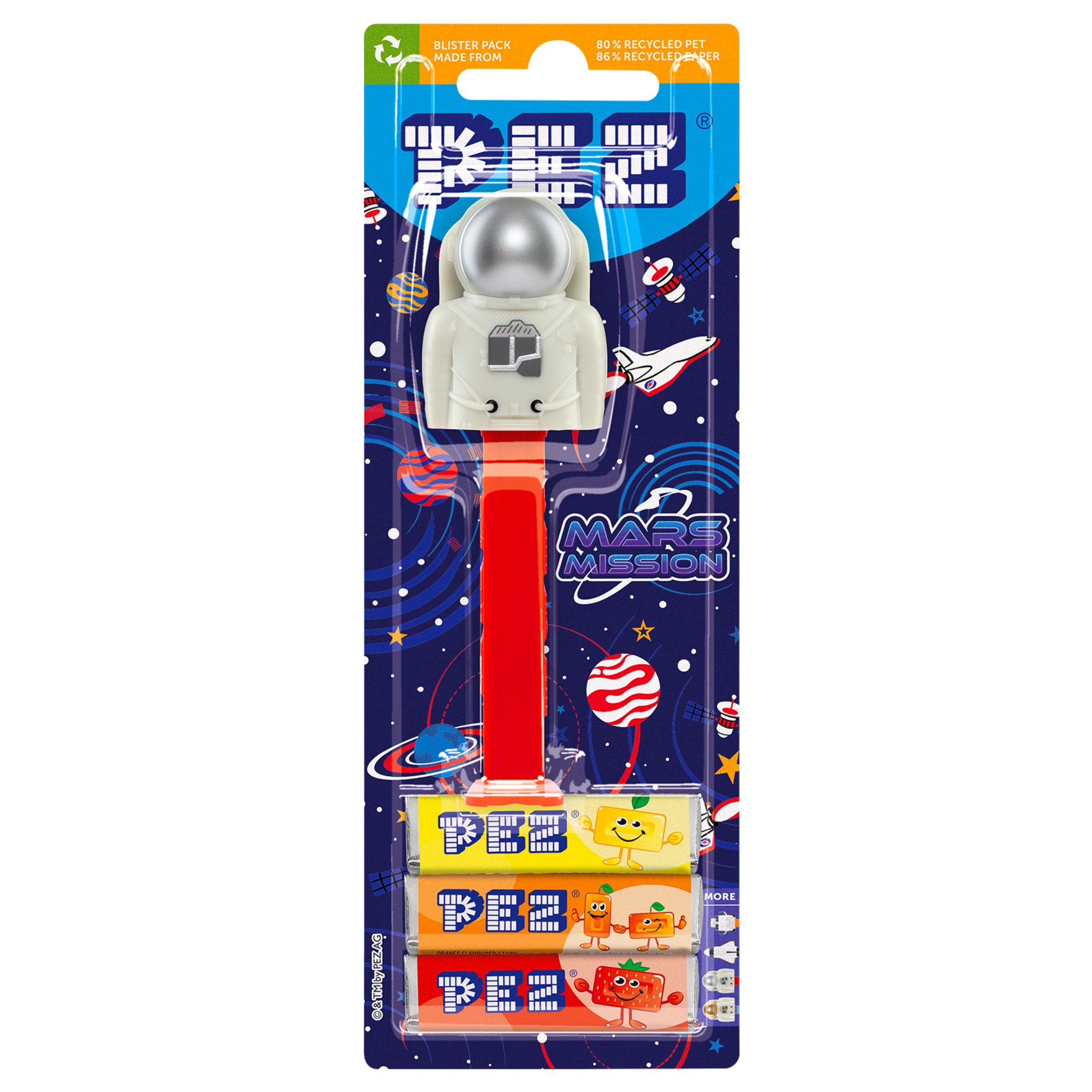 PEZ Spender von einem Astronauten mit silbernen Helm, verpackt zusammen mit PEZ Bonbons