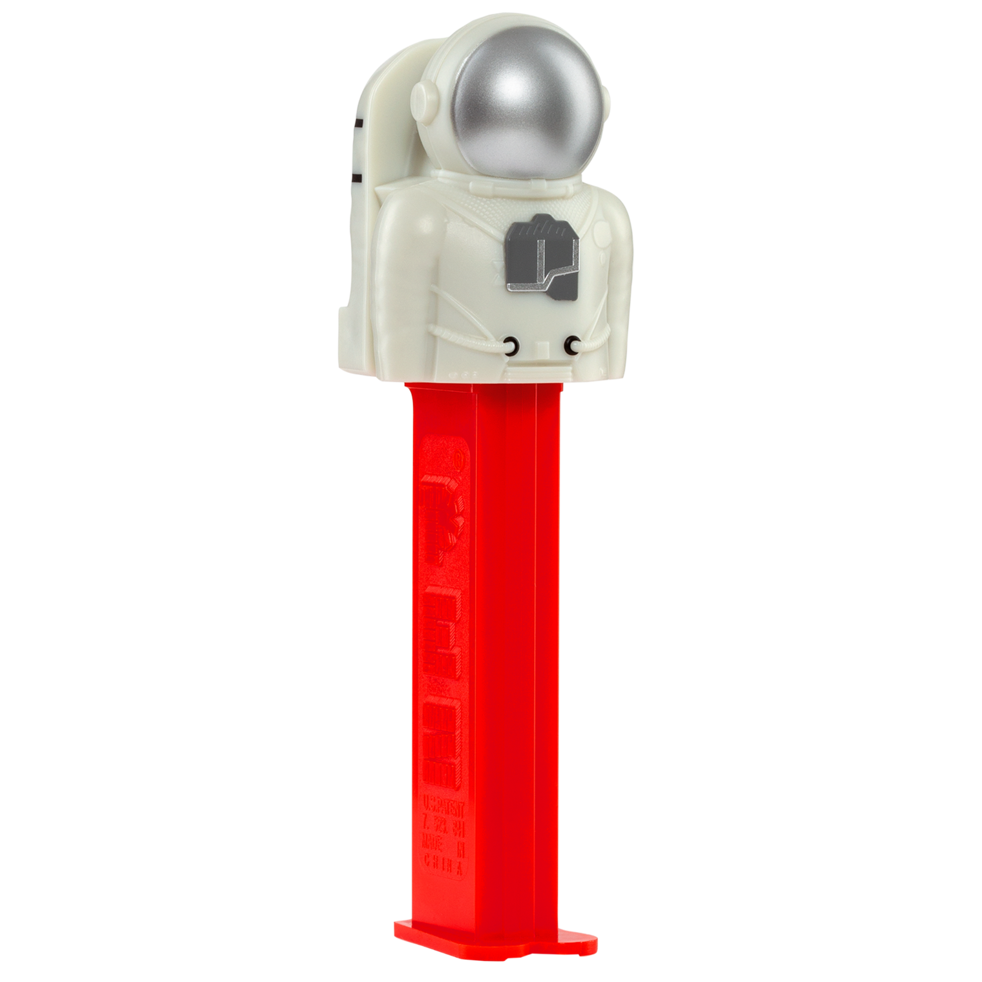 PEZ Spender von einem Astronauten mit silbernen Helm, seitliche Ansicht