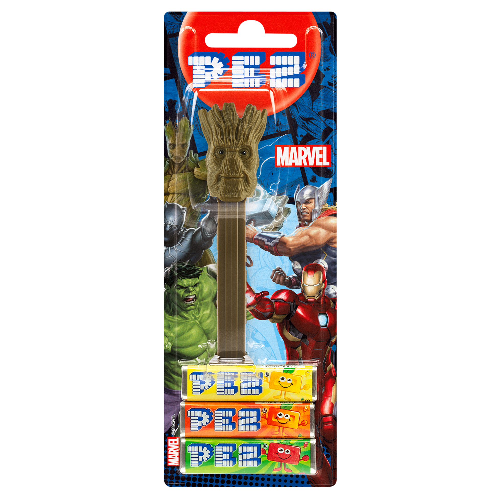 PEZ Spender von Groot, verpackt zusammen mit PEZ Bonbons