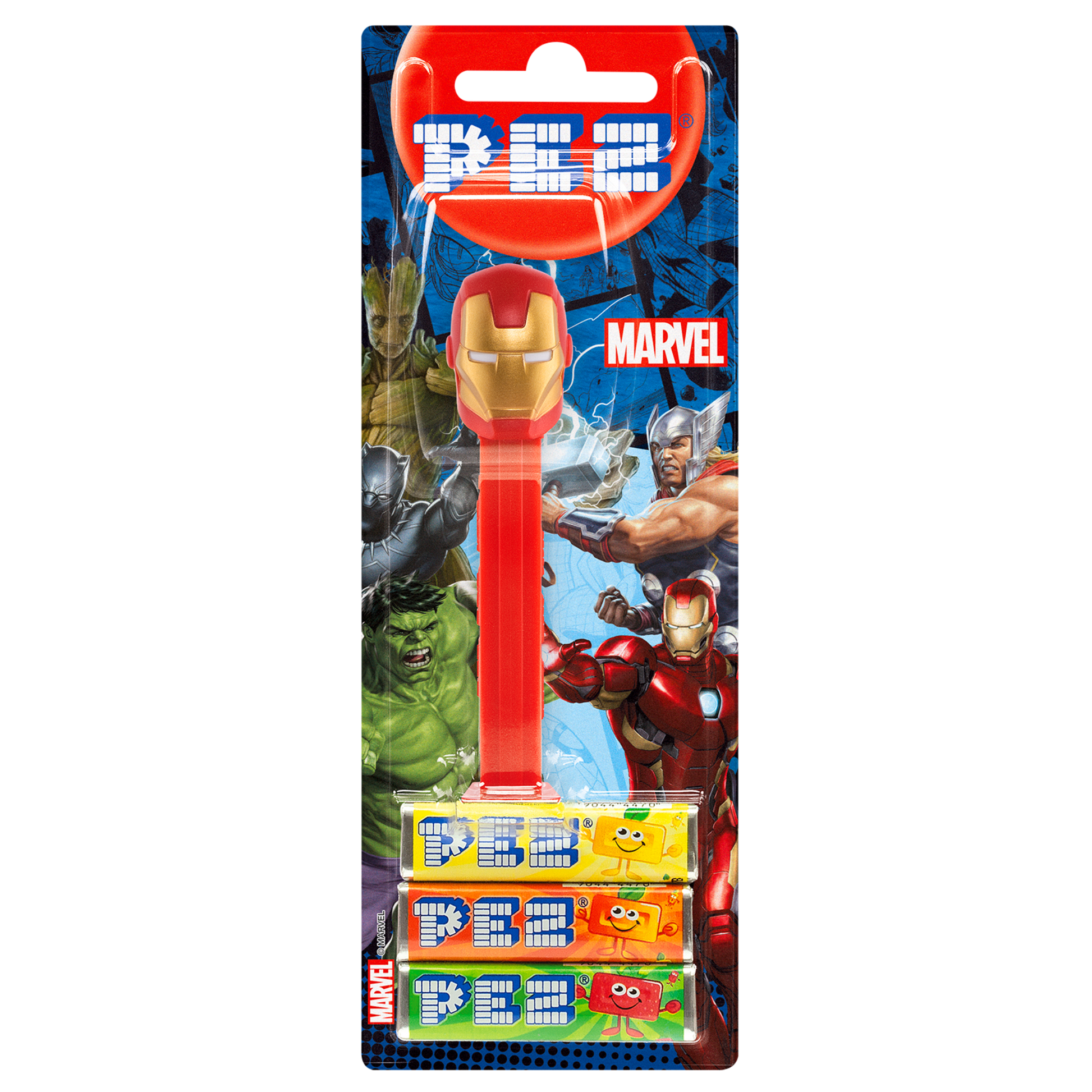 PEZ Spender von Iron Man, verpackt zusammen mit PEZ Bonbons