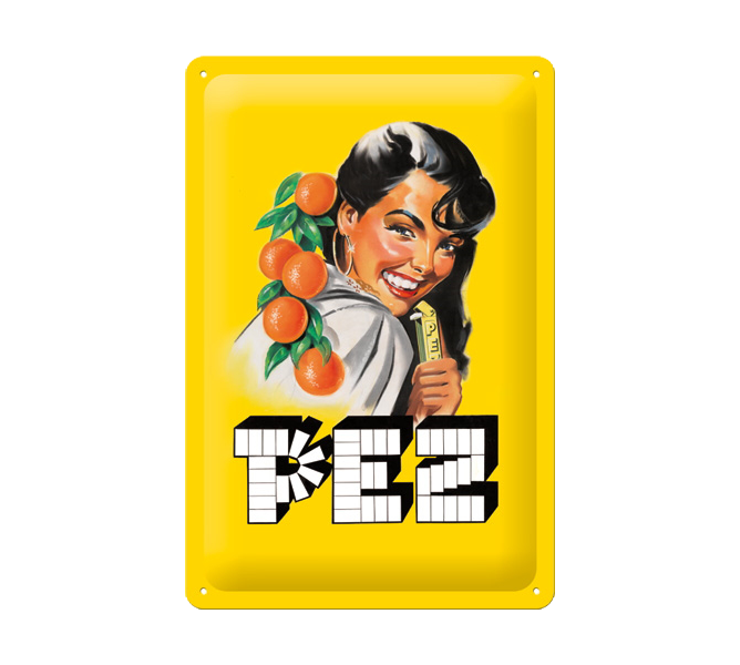 PEZ Retro Blechschild für Bonbons mit Orangengeschmack