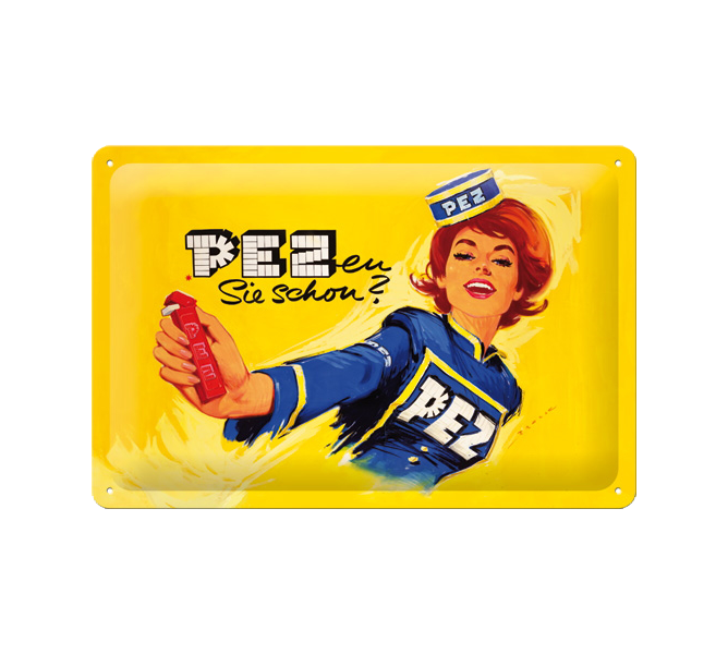 PEZ Retro Blechschild mit dem Aufdruck "PEZen Sie schon?"