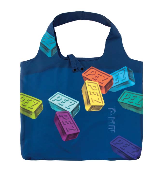 PEZ Merch Einkaufstasche mit Aufdruck von PEZ Bonbons, Ansicht von oben