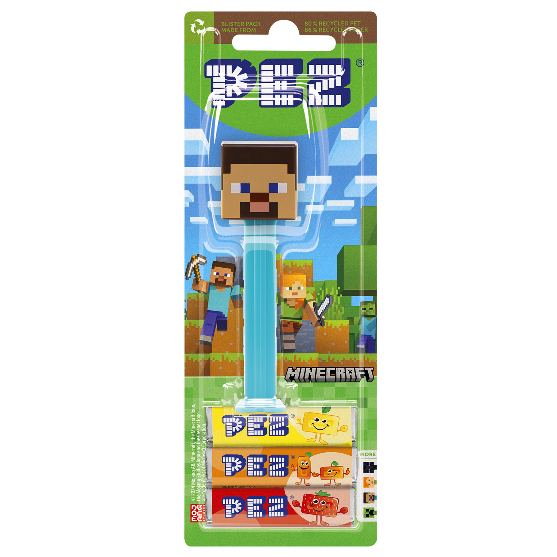 PEZ Spender von Steve - Minecraft, verpackt zusammen mit PEZ Bonbons