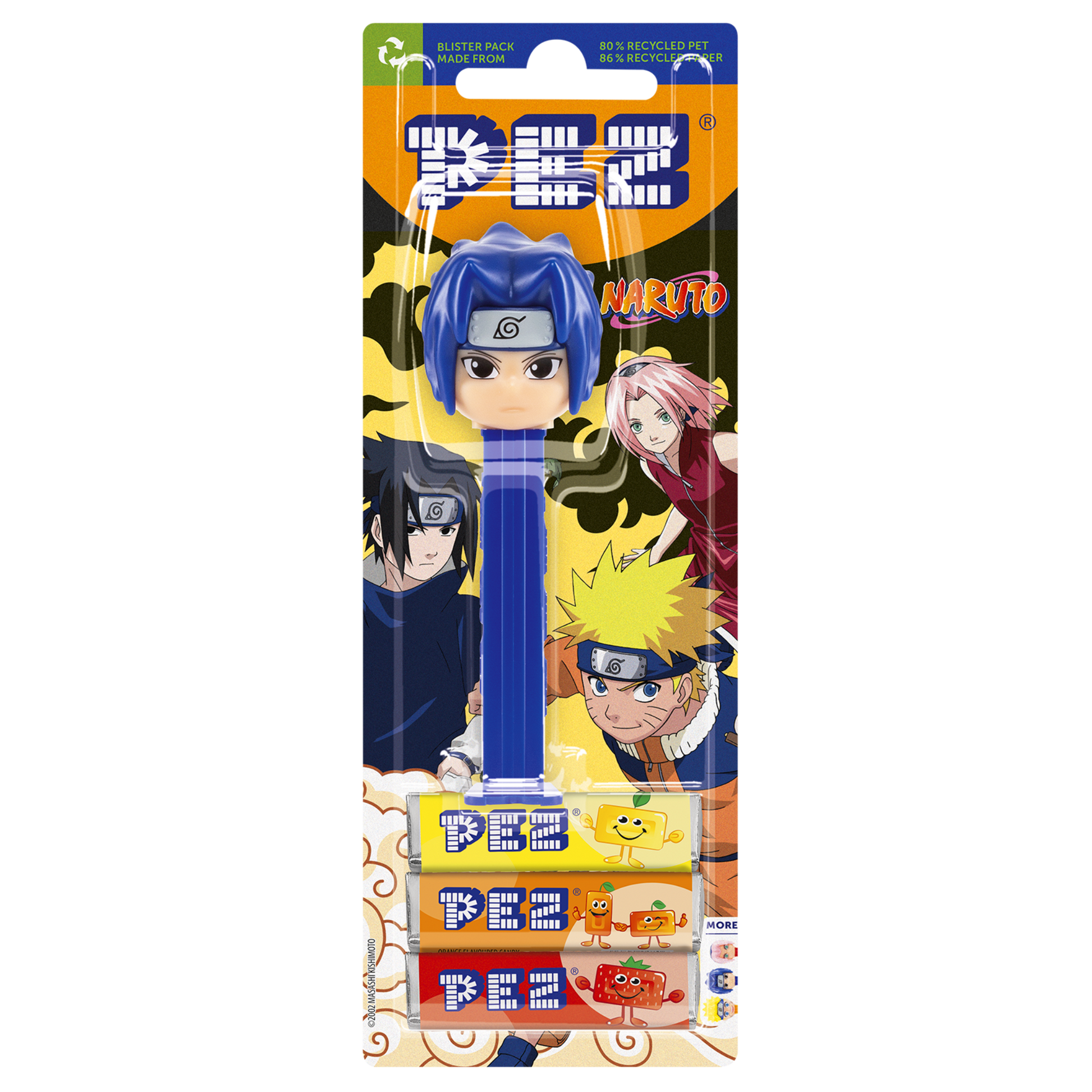 PEZ Spender Sasuke von Naruto, verpackt zusammen mit PEZ Bonbons