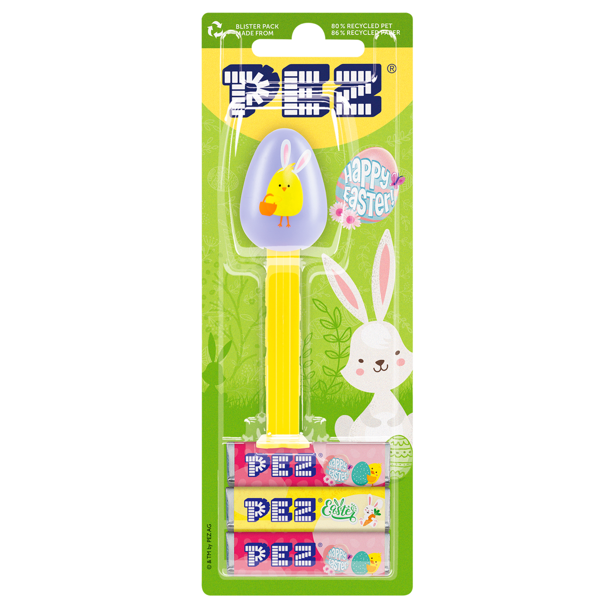 PEZ Spender mit Lila Osterei und Küken-Grafik, verpackt zusammen mit PEZ Bonbons