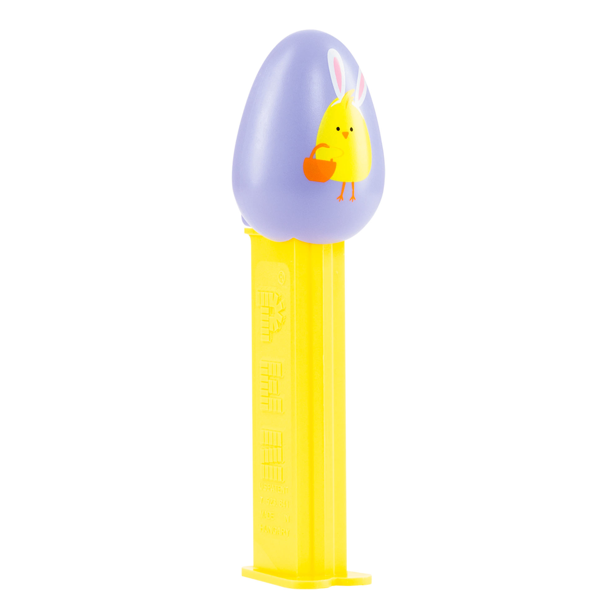 PEZ Spender mit Lila Osterei und Küken-Grafik, seitliche Ansicht