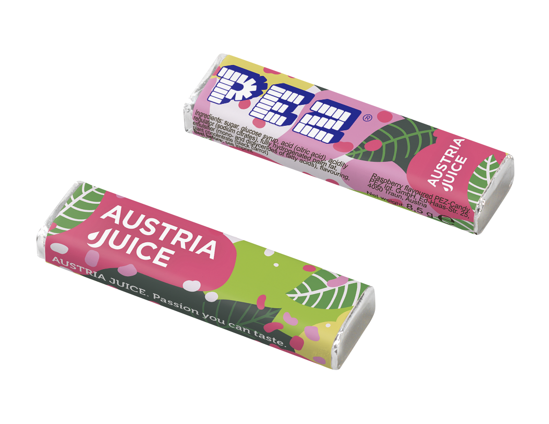 Personalisierte PEZ Bonbons mit dem Logo von Austria Juice