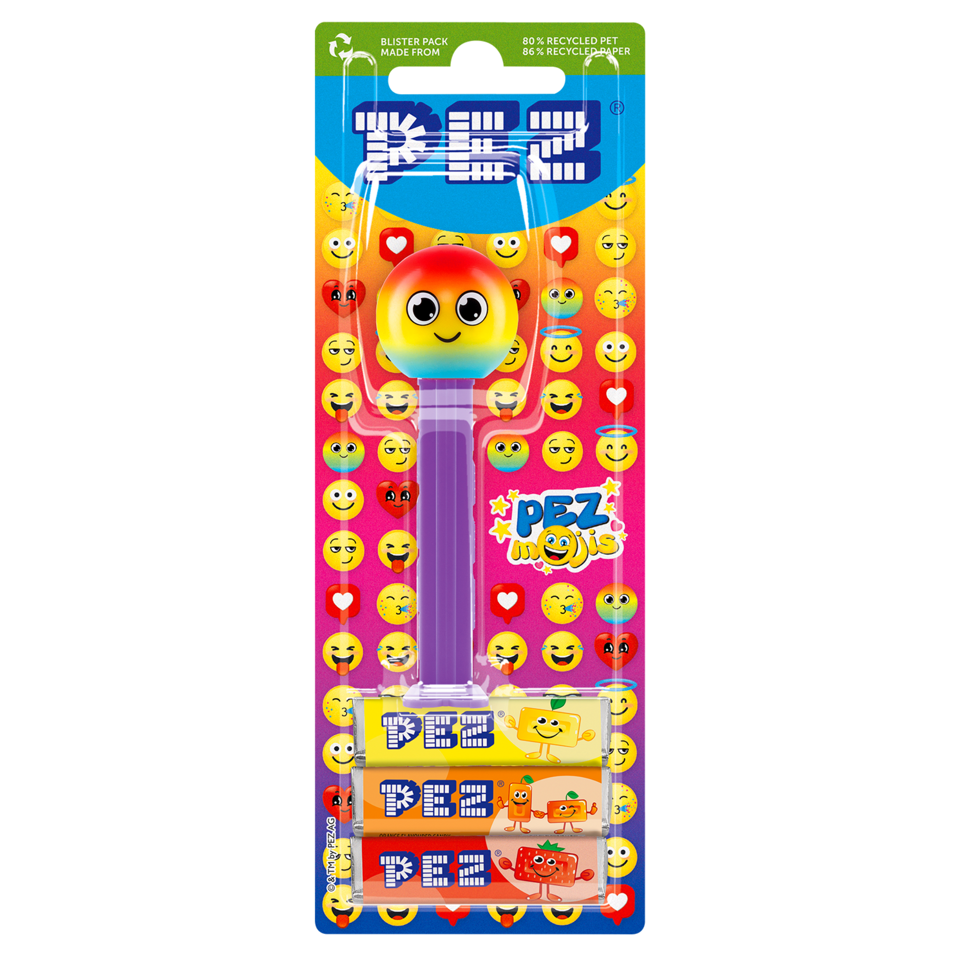 PEZ Spender von einem Regenbogen Emoji, verpackt zusammen mit PEZ Bonbons