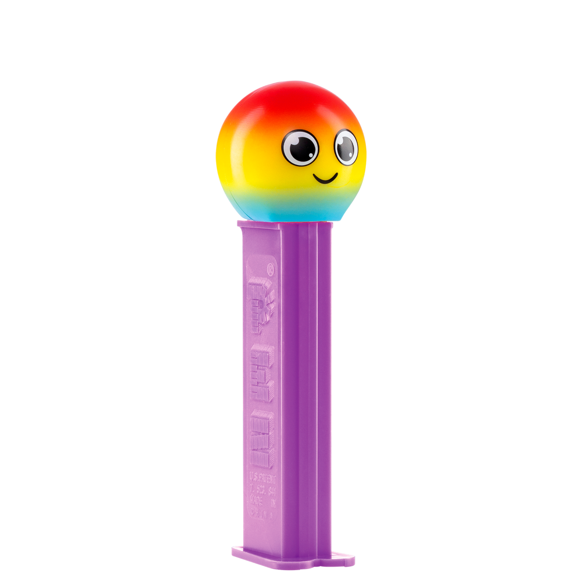 PEZ Spender von einem Regenbogen Emoji, seitliche Ansicht