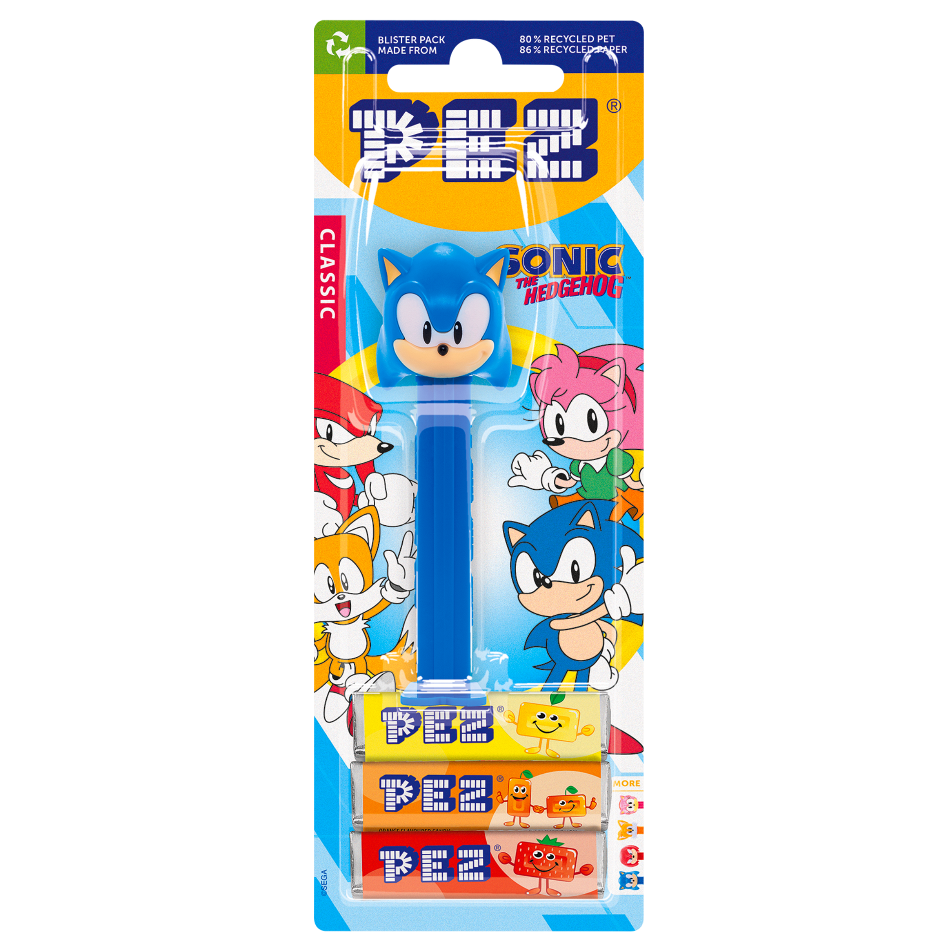 PEZ Spender von Sonic, verpackt zusammen mit PEZ Bonbons