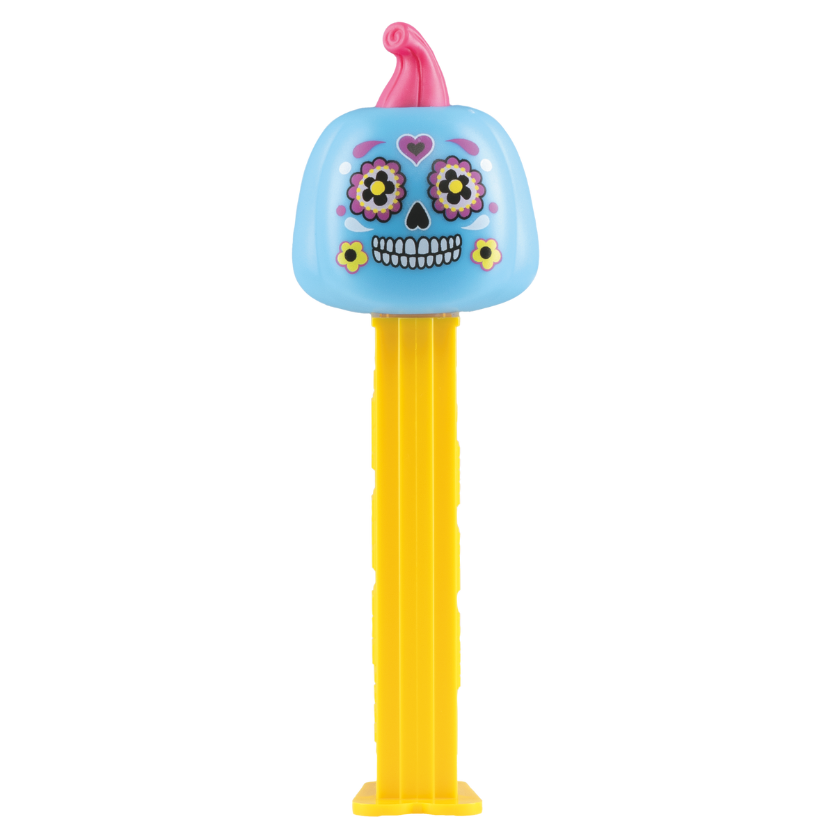 Vorderansicht des PEZ-Spenders 'Día de los Muertos' (Kürbis-Design) mit gelbem Spenderstiel vor schwarzem Hintergrund.