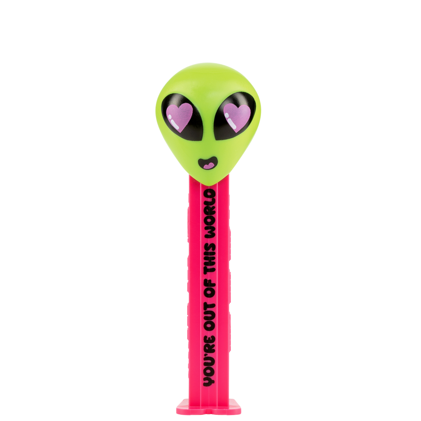 PEZ-Spender mit grünem Alien Kopf und rosa Herzaugen. Das Spendergehäuse ist pink mit schwarzer Aufschrift "You're out of this world".