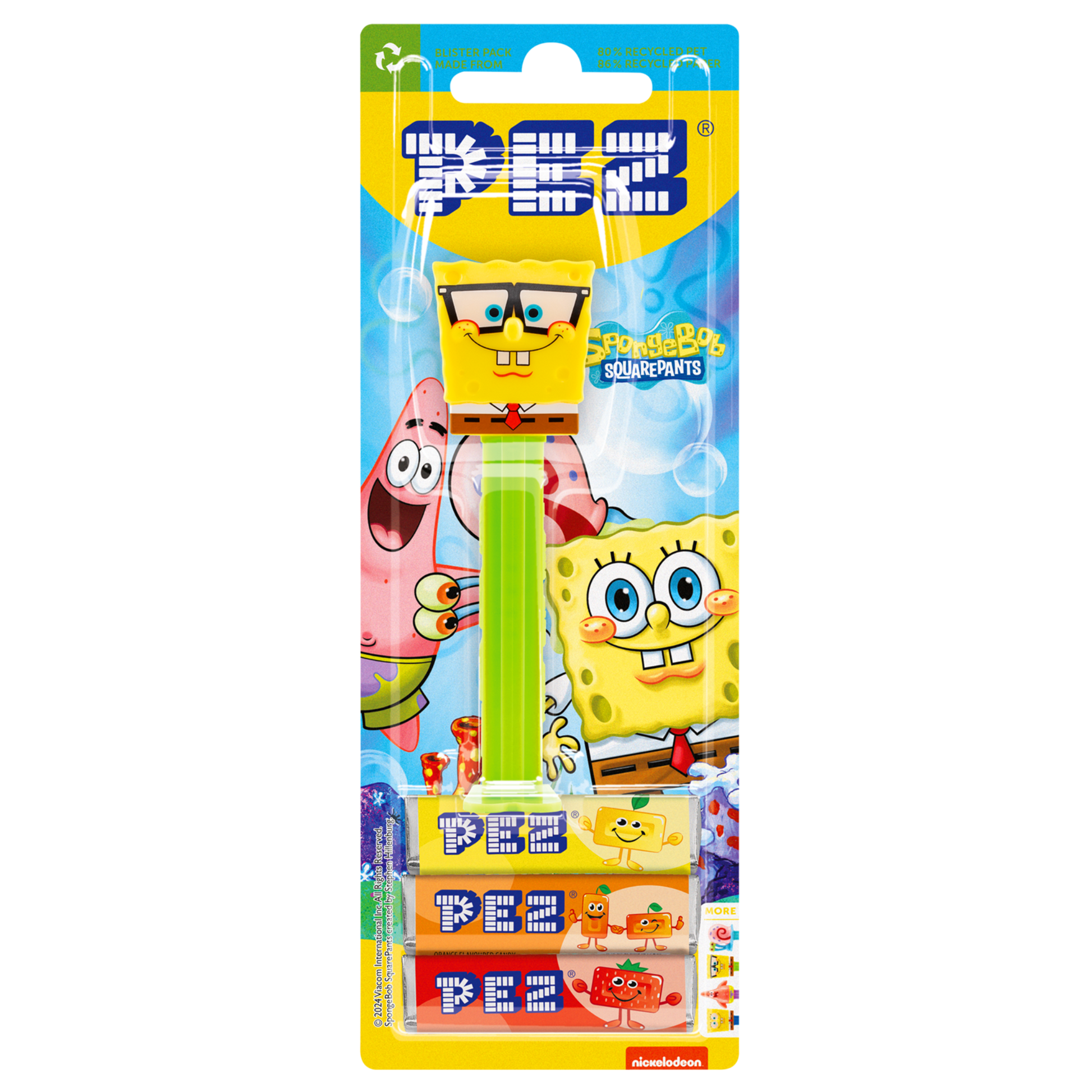 PEZ Spender von Spongebob mit Brille, verpackt zusammen mit PEZ Bonbons