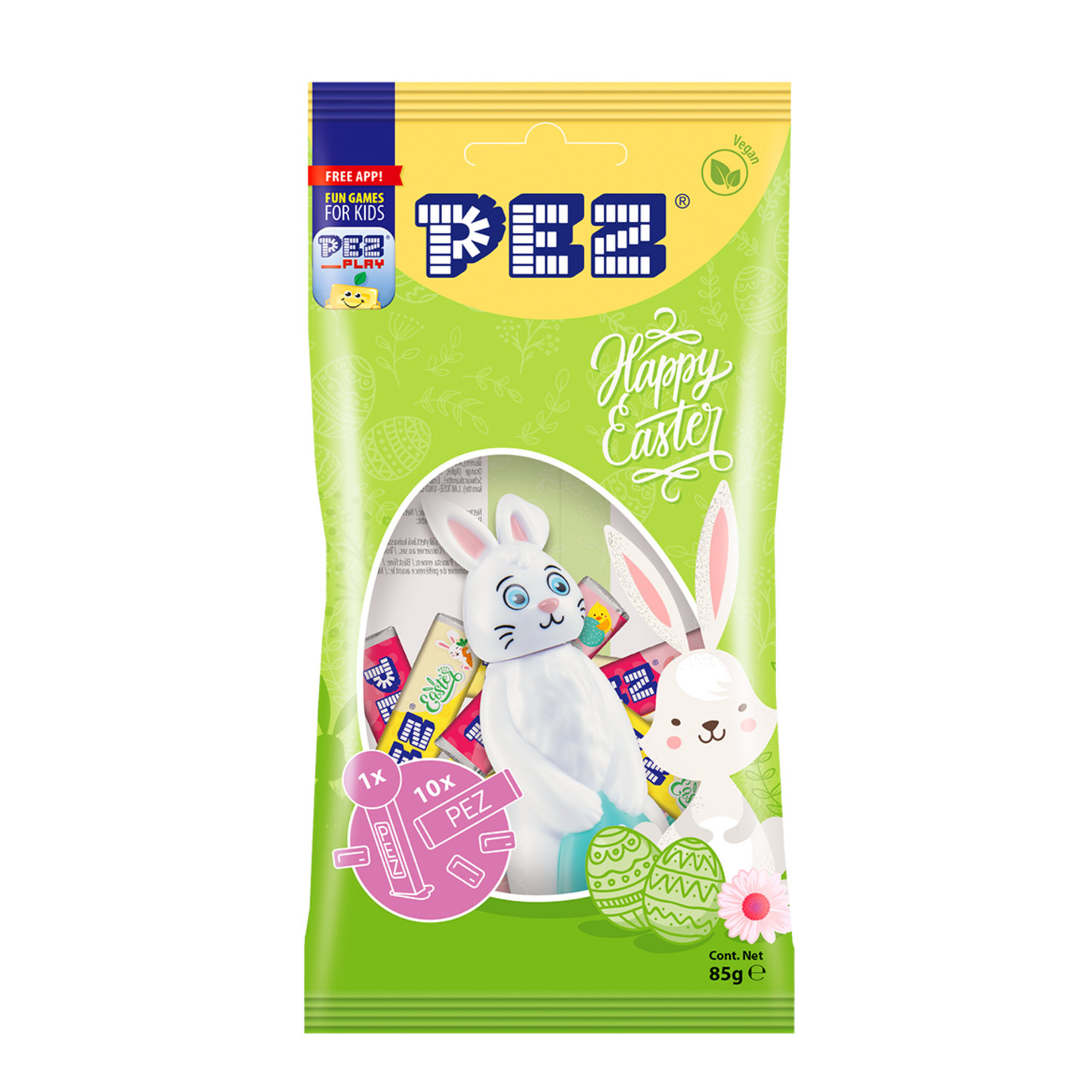 PEZ Produktverpackung mit Osterhasen-Motiv und Sichtfenster auf enthaltene PEZ Spender und Bonbons.