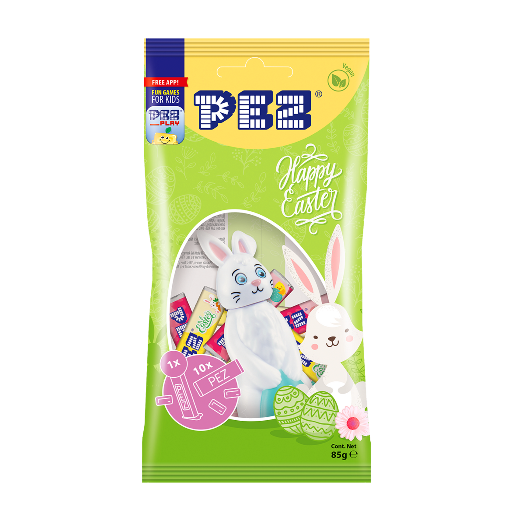 PEZ Produktverpackung mit Osterhasen-Motiv und Sichtfenster auf enthaltene PEZ Spender und Bonbons.