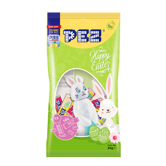 PEZ Produktverpackung mit Osterhasen-Motiv und Sichtfenster auf enthaltene PEZ Spender und Bonbons.