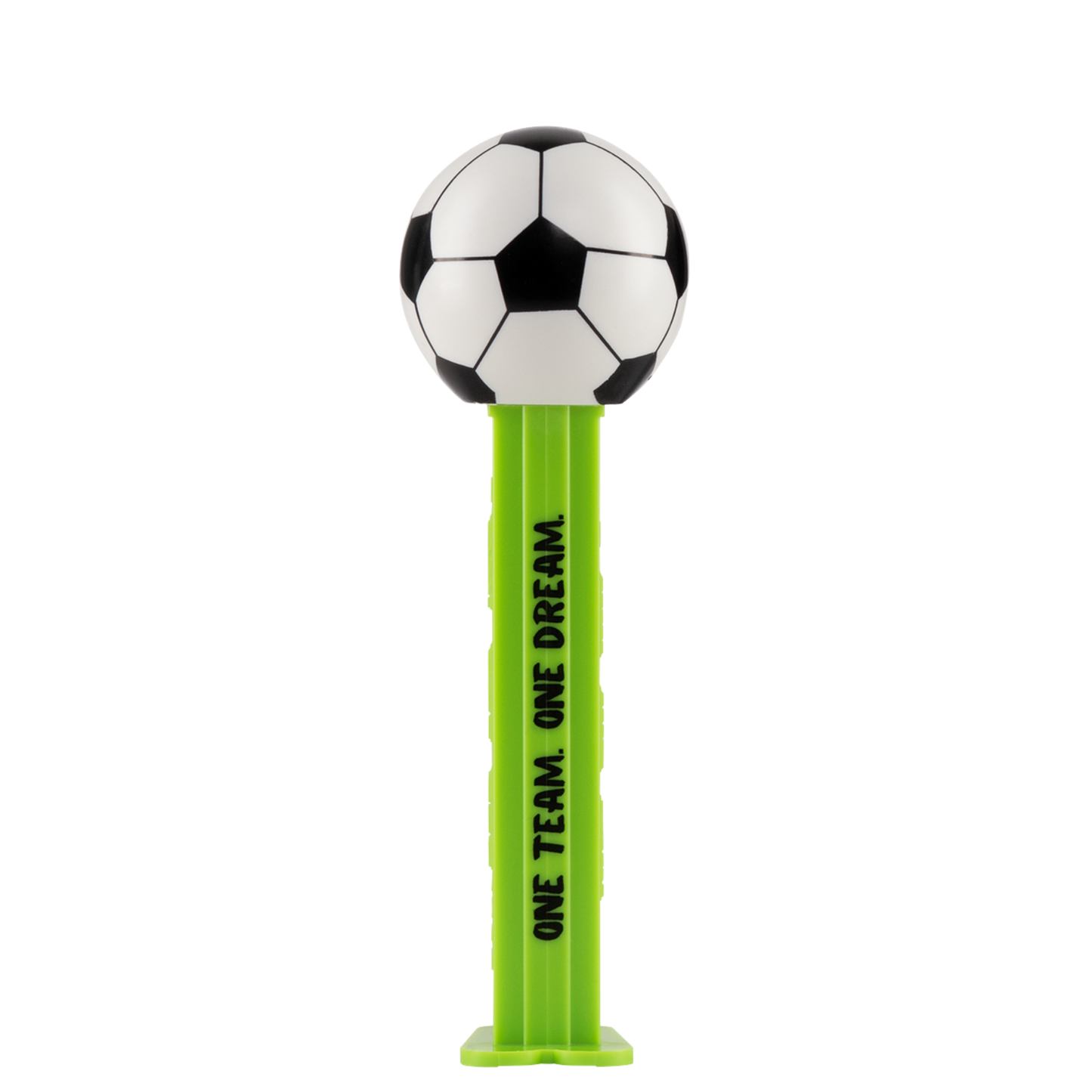PEZ Spender in grün mit Fußball als Motiv. Auf der grünen Spenderbox steht "One Team One Dream"