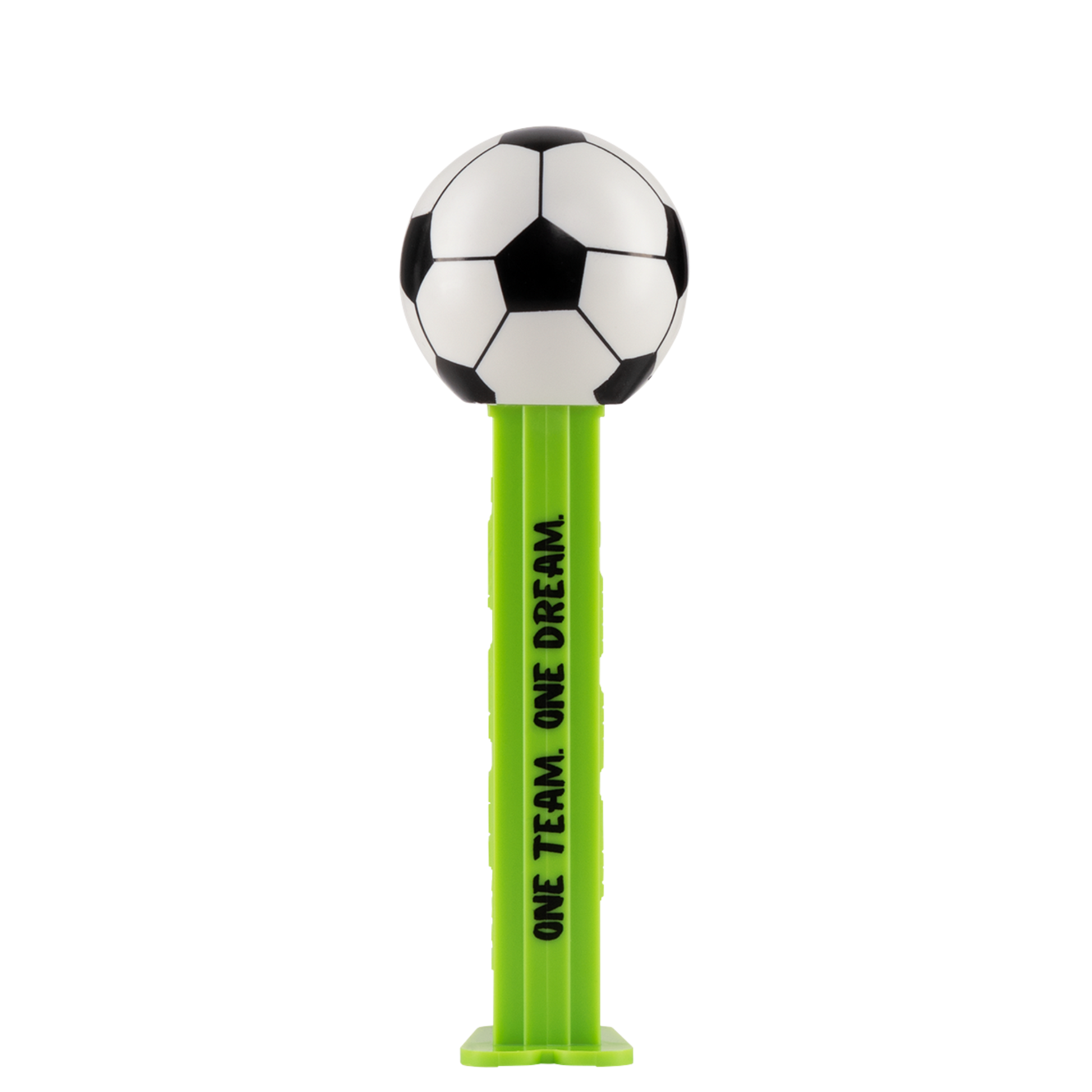 PEZ Spender in grün mit Fußball als Motiv. Auf der grünen Spenderbox steht "One Team One Dream"