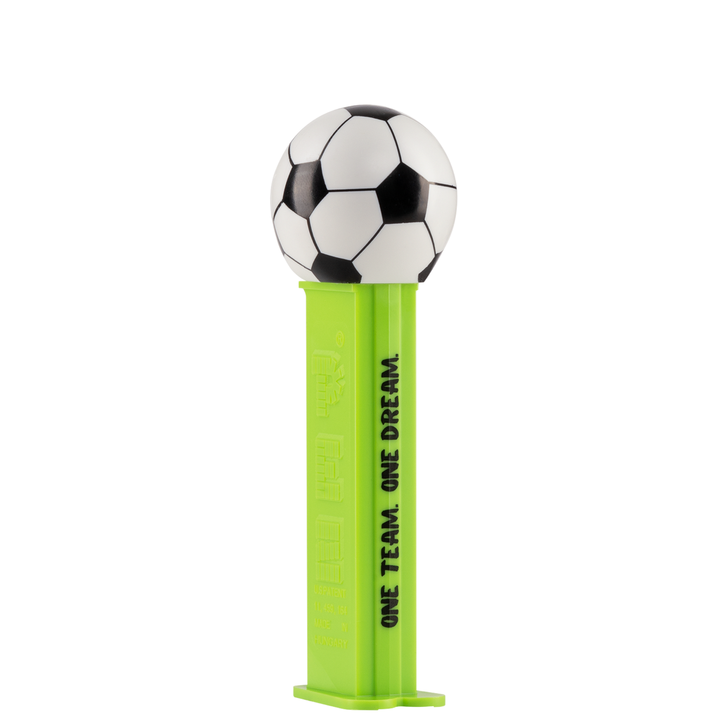 PEZ Spender in grün mit Fußball als Motiv. Auf der grünen Spenderbox steht "One Team One Dream"