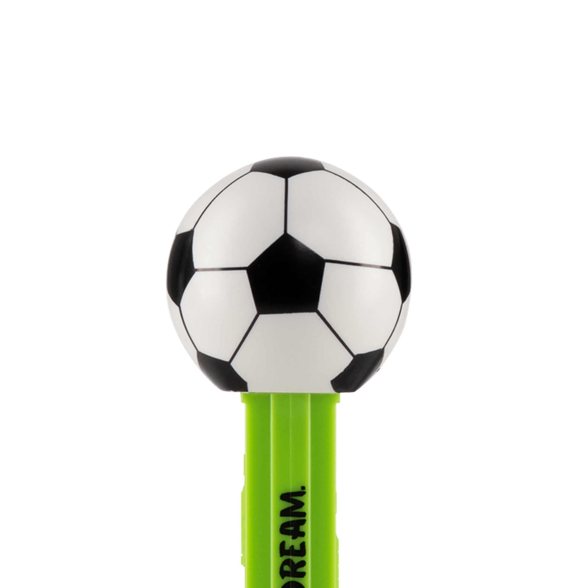 PEZ Spender in grün mit Fußball als Motiv. Auf der grünen Spenderbox steht "One Team One Dream"