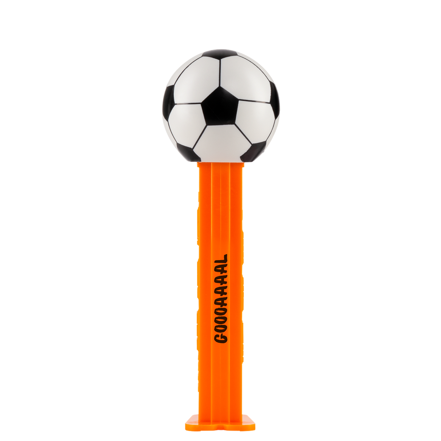 PEZ Spender in orange mit Fußball als Motiv. Auf der orangenen Spenderbox steht "GOOOAAAAL". 