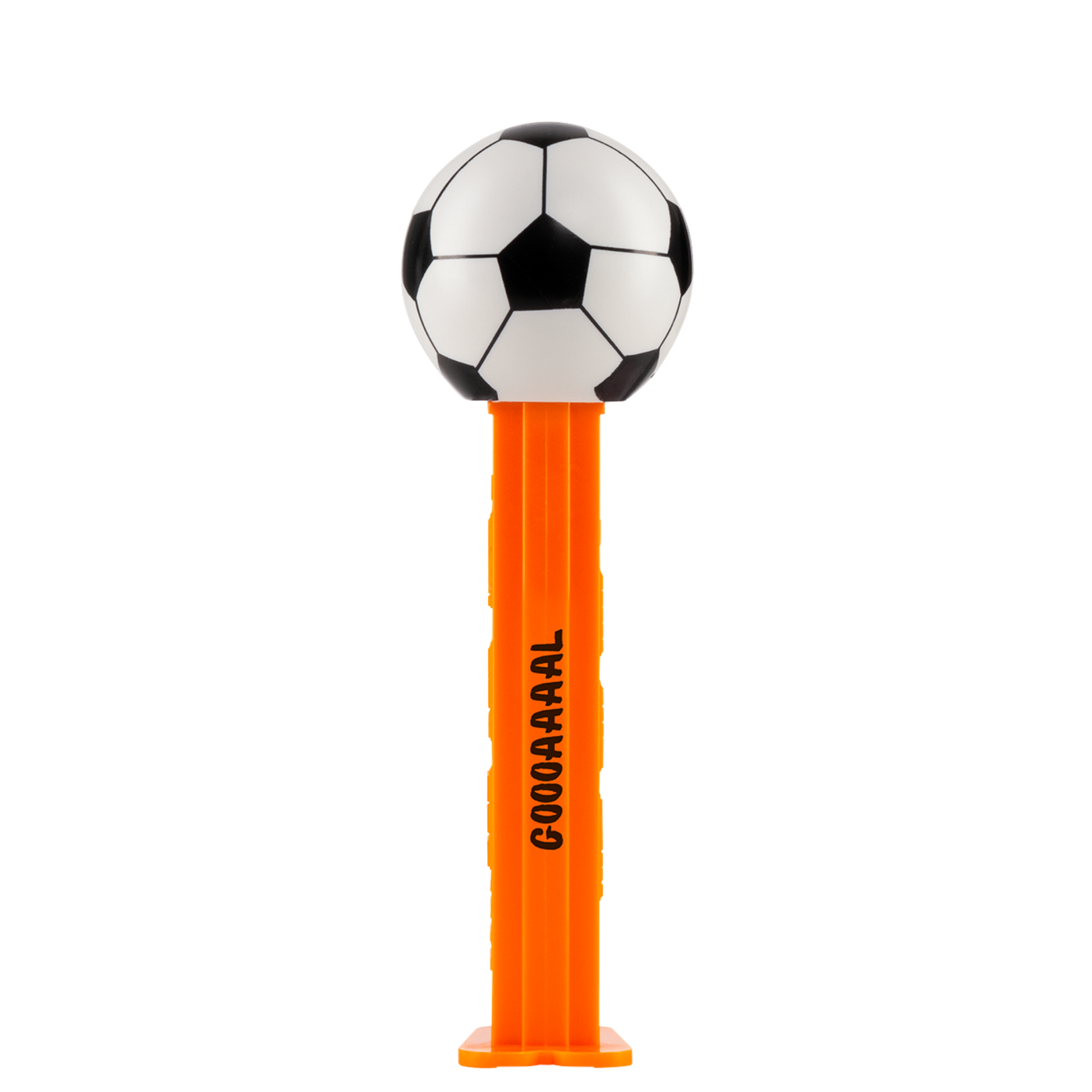 PEZ Spender in orange mit Fußball als Motiv. Auf der orangenen Spenderbox steht "GOOOAAAAL". 