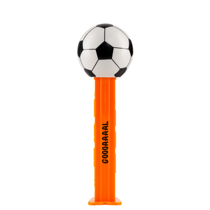 PEZ Spender in orange mit Fußball als Motiv. Auf der orangenen Spenderbox steht "GOOOAAAAL". 