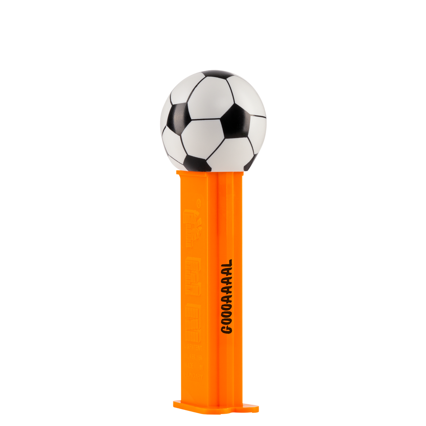 PEZ Spender in orange mit Fußball als Motiv. Auf der orangenen Spenderbox steht "GOOOAAAAL". 
