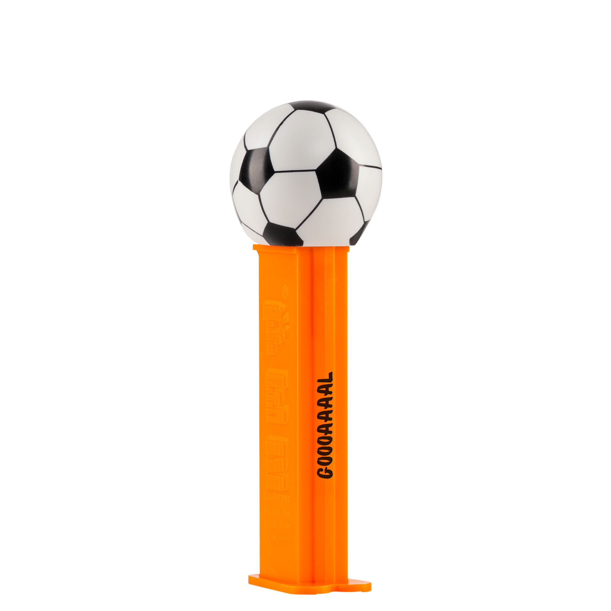 PEZ Spender in orange mit Fußball als Motiv. Auf der orangenen Spenderbox steht "GOOOAAAAL". 